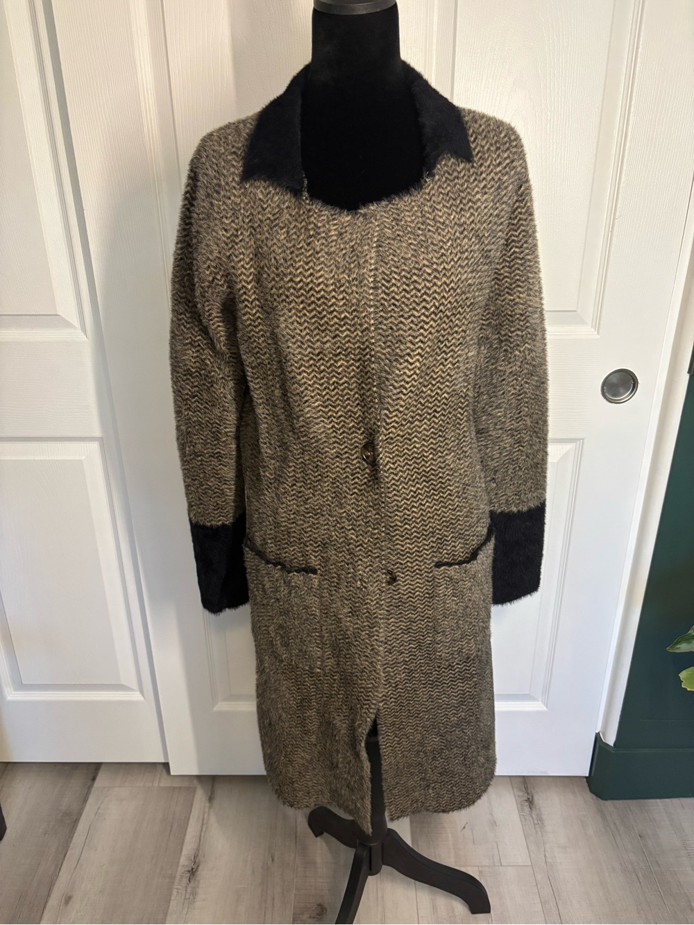 Lyssé Faux Fur Collar Sweater Coat Brown Black Textured XXS/XS